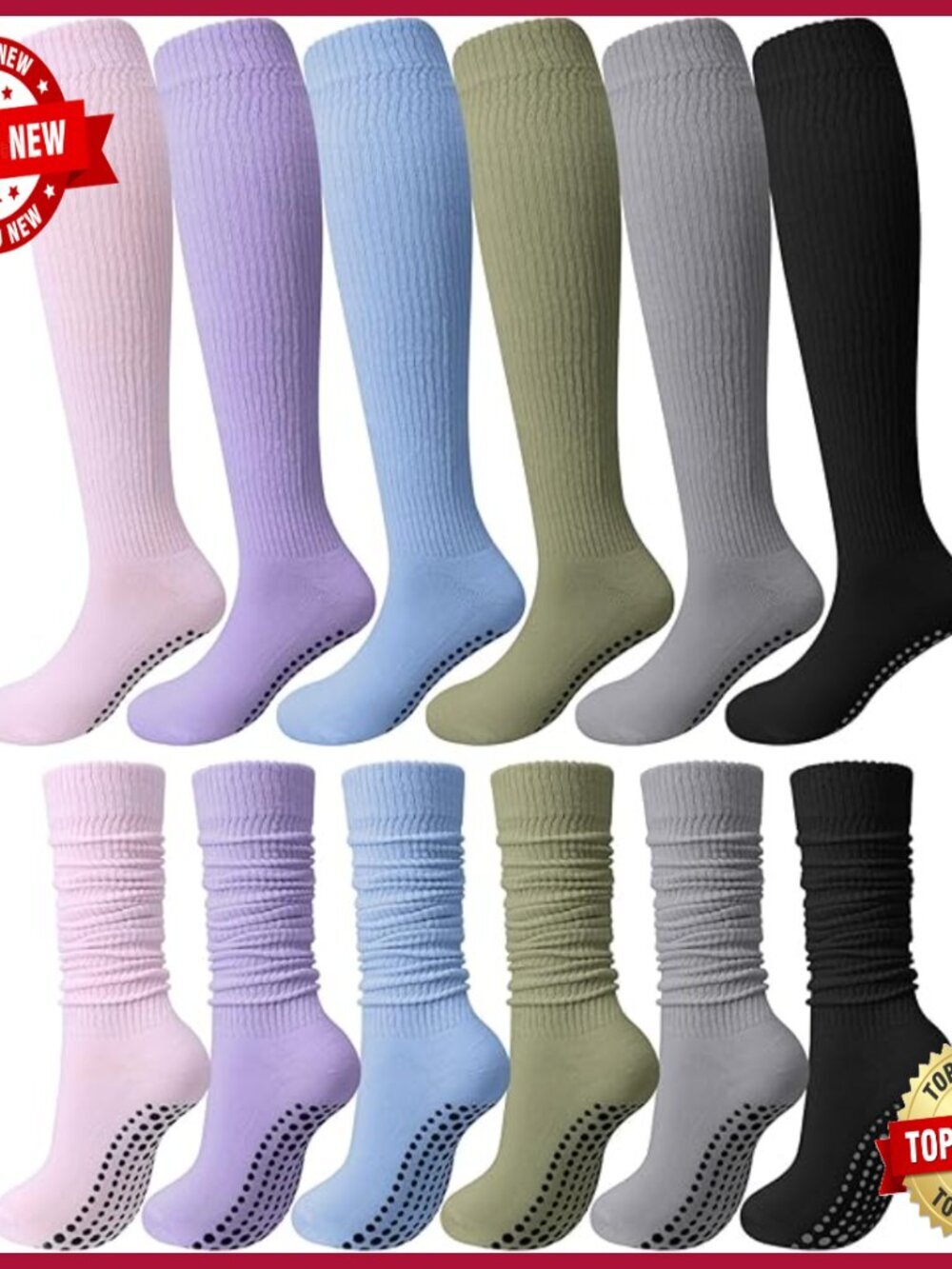 6 Pairs Knee High Pilates Socks with Grips Non Slip Yoga Barre Socks